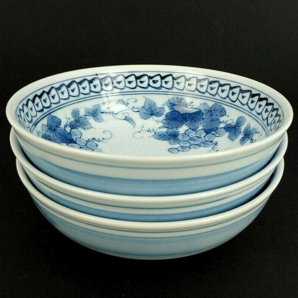 Vintage 6" Asian Blue White Bowl Signed Hand Painted Grape Design Cobalt Blue